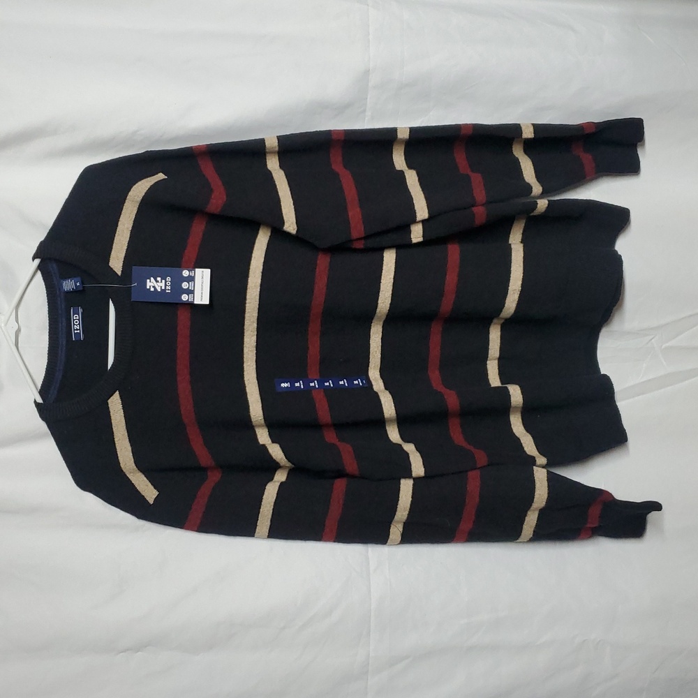 NEW IZOD Men's Classic Chest Stripe Crew Neck Sweater, XL, Black